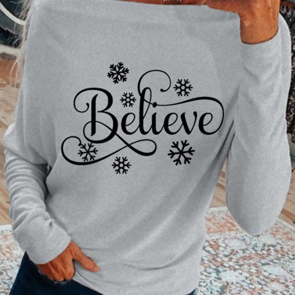 BRAND NEW Christmas BELIEVE Off Shoulder Holiday Shirt - Picture 2 of 4